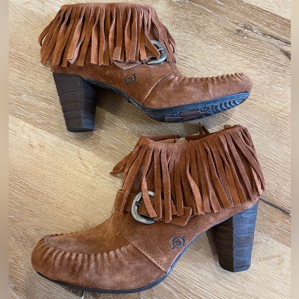 Born Leather Fringe Heeled Booties Size 8